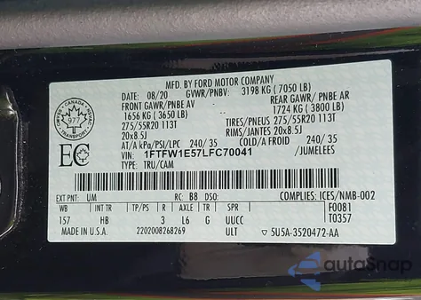 2020 Ford F-150 Lariat z USA, uszkodzony, nr VIN 1FTFW1E57LFC70041